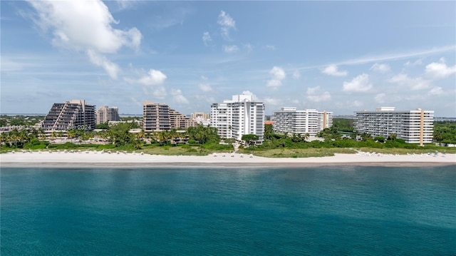 aerial view with a water view and a view of the beach