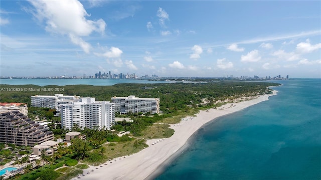 bird's eye view with a water view and a view of the beach