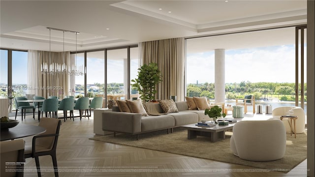 living room featuring a tray ceiling, light parquet flooring, and a wall of windows