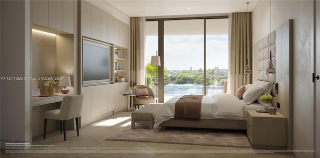 bedroom with light carpet and floor to ceiling windows