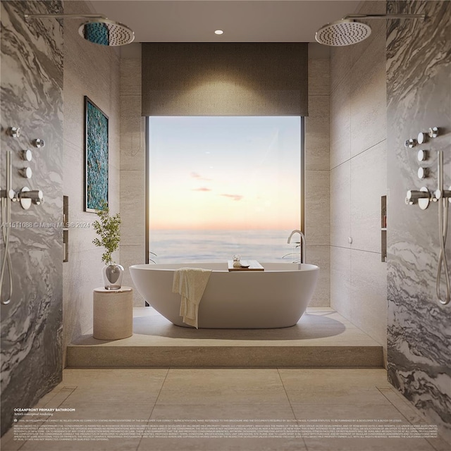 bathroom featuring tile patterned flooring, tile walls, and a shower