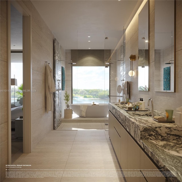 bathroom featuring vanity, walk in shower, tile patterned flooring, and tile walls