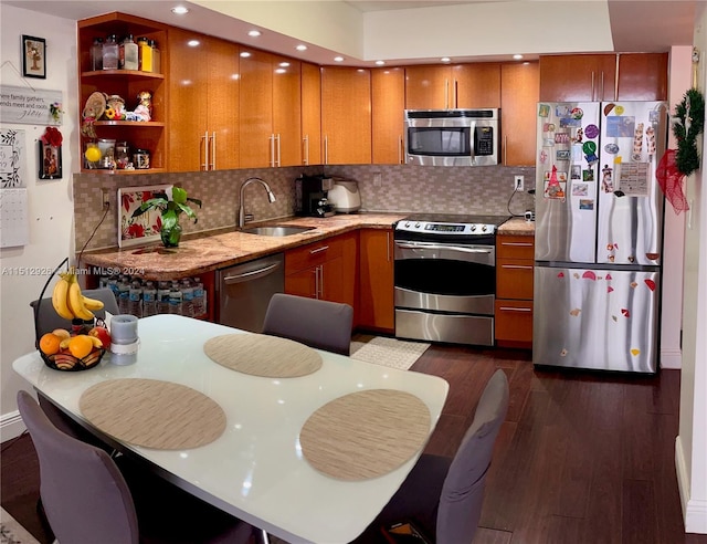 kitchen with stainless steel appliances, dark wood-style flooring, a sink, open shelves, and tasteful backsplash