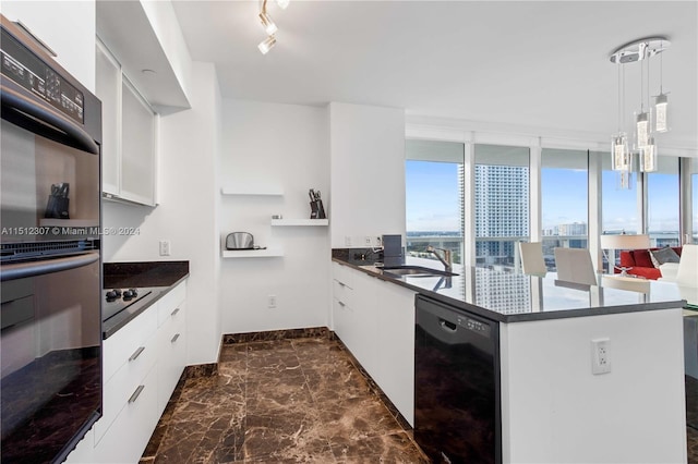 kitchen with decorative light fixtures, white cabinetry, black appliances, sink, and rail lighting