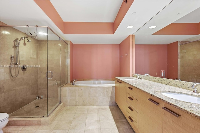 full bathroom featuring toilet, tile floors, dual bowl vanity, and plus walk in shower