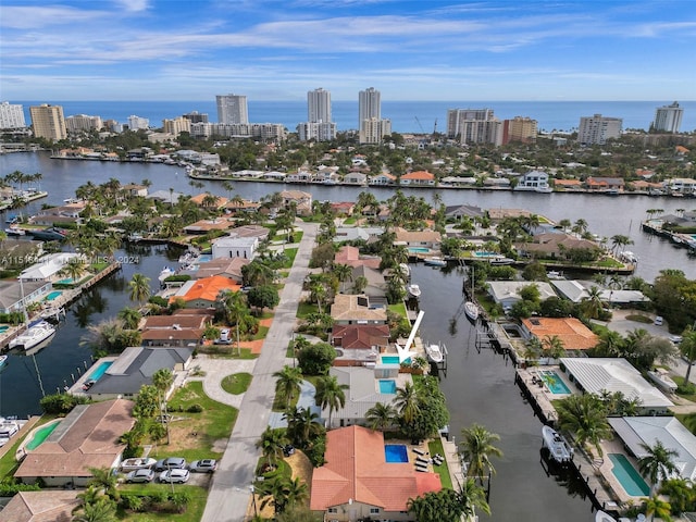 drone / aerial view with a water view