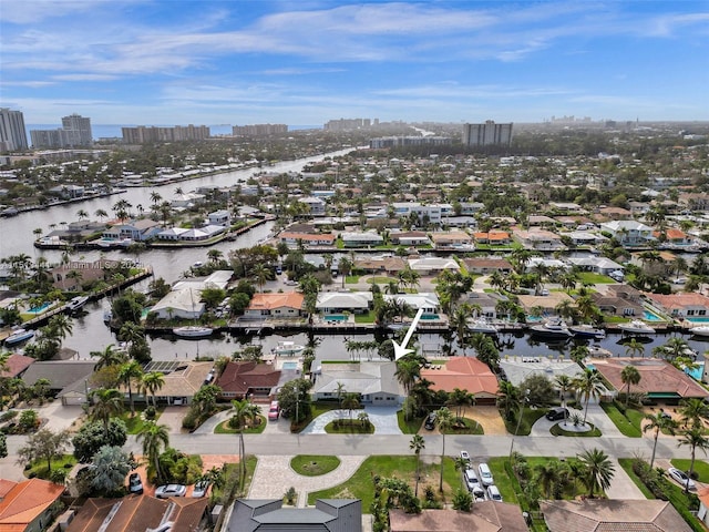 aerial view featuring a water view