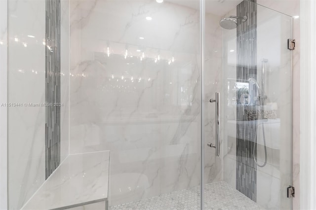 bathroom featuring a shower with shower door