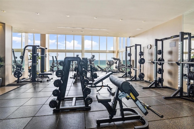 workout area with a water view, a healthy amount of sunlight, and a wall of windows