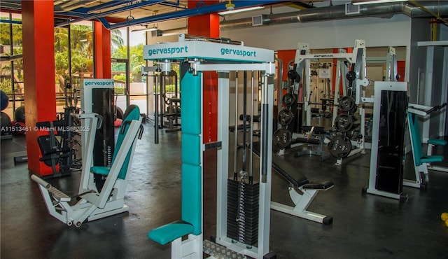 exercise room with floor to ceiling windows