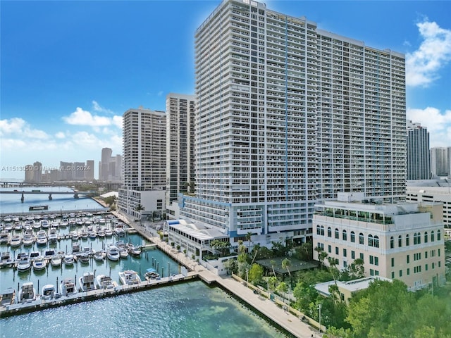 view of building exterior with a water view