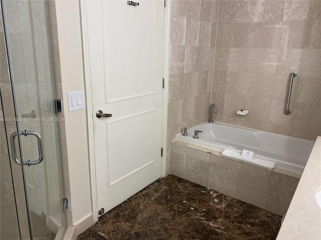 bathroom with vanity, plus walk in shower, and tile floors