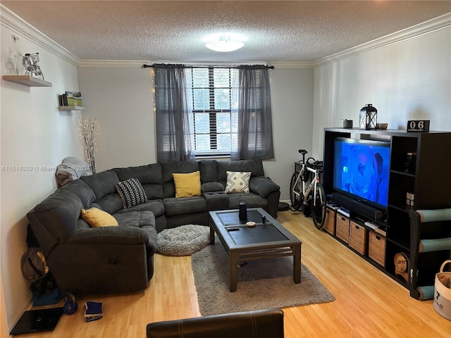 living room featuring hardwood / wood-style flooring, ornamental molding, and a textured ceiling