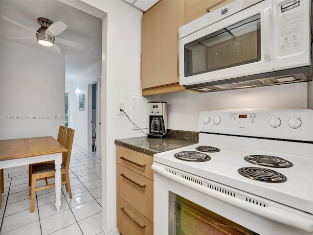 kitchen featuring light tile patterned floors, white appliances, ceiling fan, and light brown cabinetry