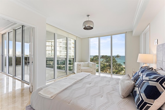 bedroom featuring crown molding, multiple windows, a water view, and access to exterior