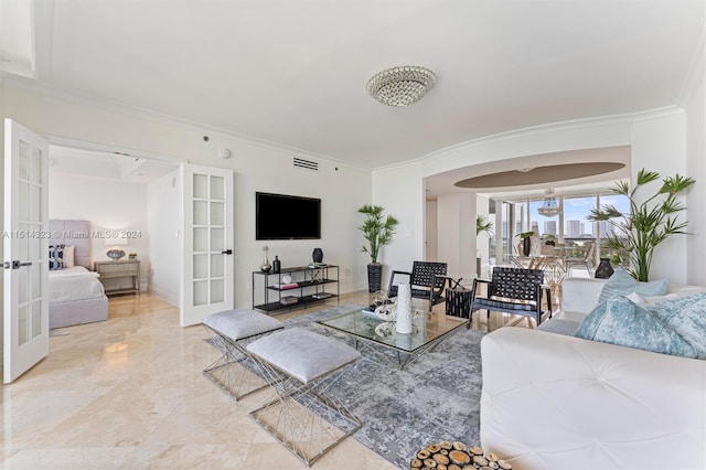 tiled living room featuring french doors and crown molding