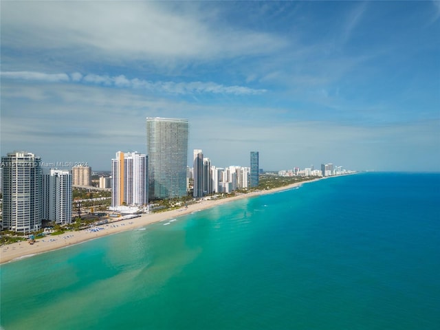 aerial view with a water view and a beach view