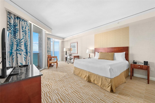 bedroom with light carpet and a water view