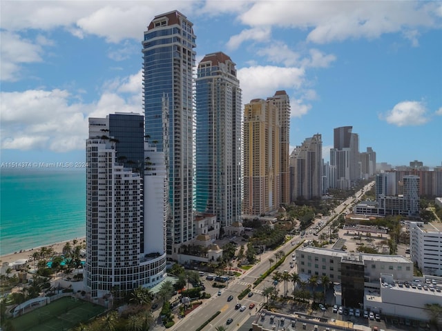 view of city with a water view and a view of the beach