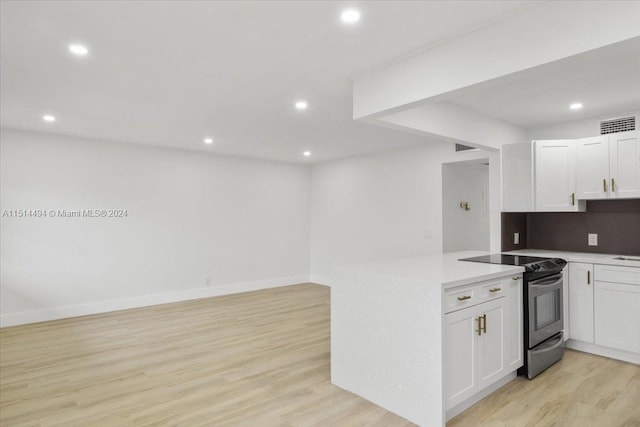 kitchen with stainless steel range with electric cooktop, kitchen peninsula, tasteful backsplash, light hardwood / wood-style flooring, and white cabinetry