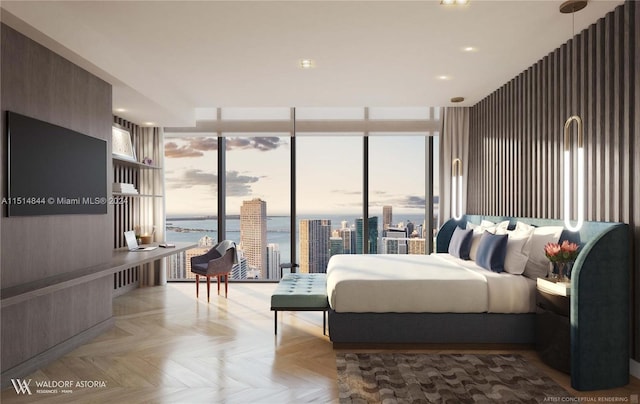 bedroom with a water view, multiple windows, and light parquet flooring