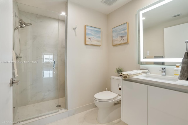 bathroom featuring toilet, tile flooring, walk in shower, and vanity