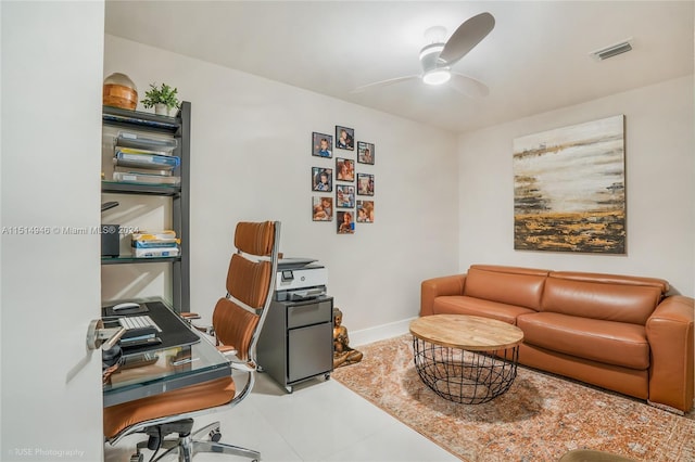 tiled office with ceiling fan