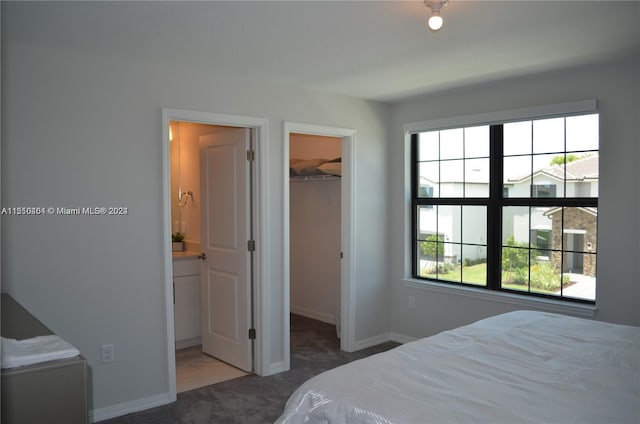 carpeted bedroom with connected bathroom, a spacious closet, and a closet