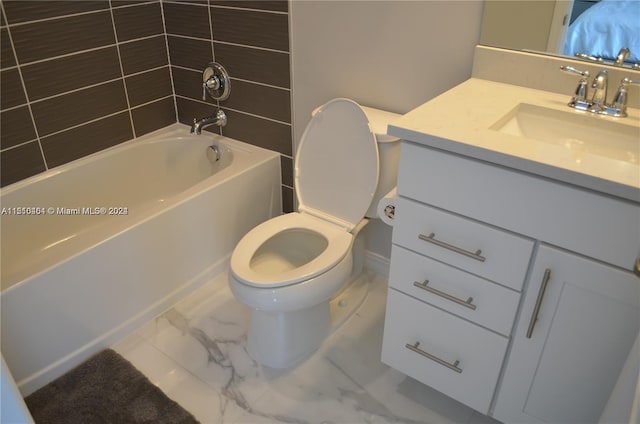 full bathroom with tiled shower / bath combo, toilet, vanity, and tile flooring