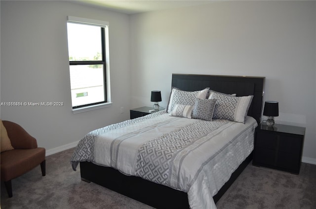 bedroom featuring dark carpet