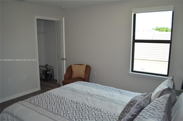 bedroom featuring a closet, a walk in closet, and dark colored carpet