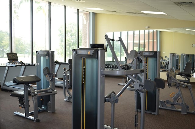 exercise room with a paneled ceiling and dark colored carpet