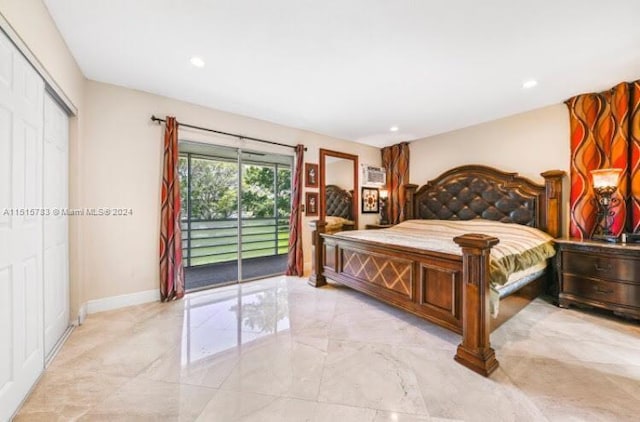 bedroom with light tile flooring, a closet, and access to outside