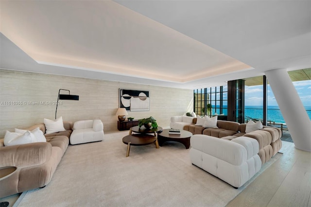 living room with a raised ceiling, a water view, and light wood-type flooring