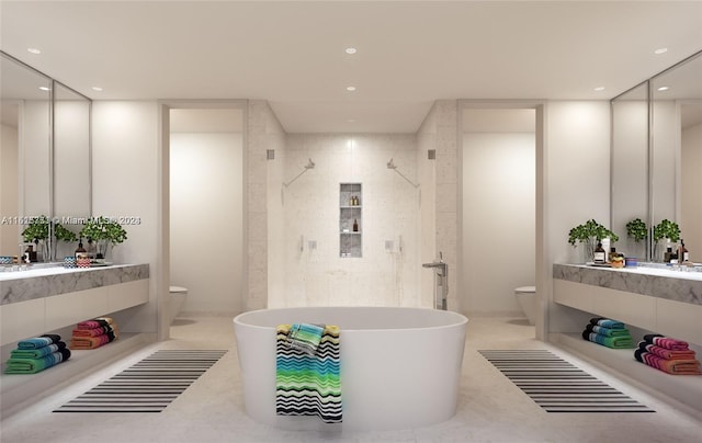 bathroom featuring tile flooring, large vanity, and toilet