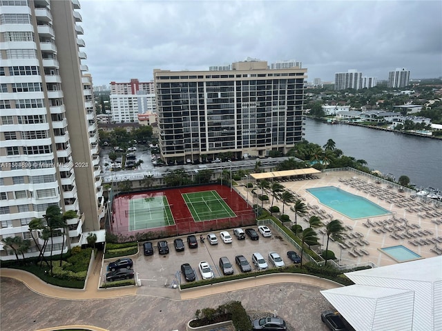 aerial view featuring a water view