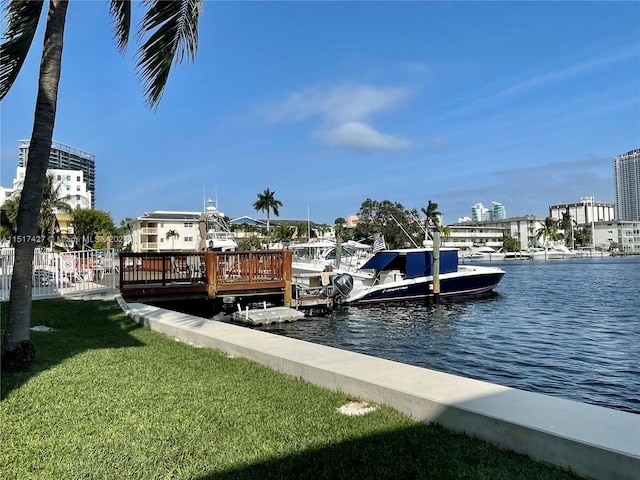 dock area featuring a yard and a water view