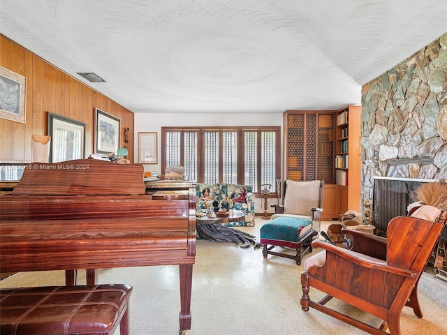 living room featuring a fireplace and wooden walls