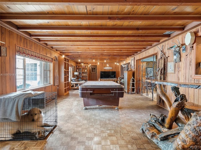 recreation room with pool table, parquet floors, wood walls, and beam ceiling