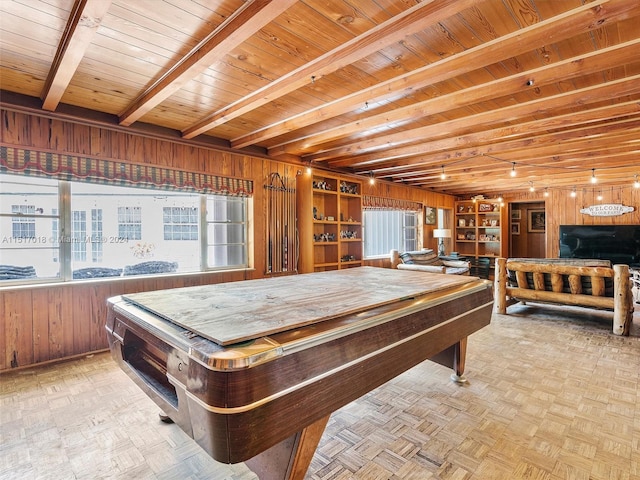 rec room featuring wood ceiling, wooden walls, and light parquet flooring