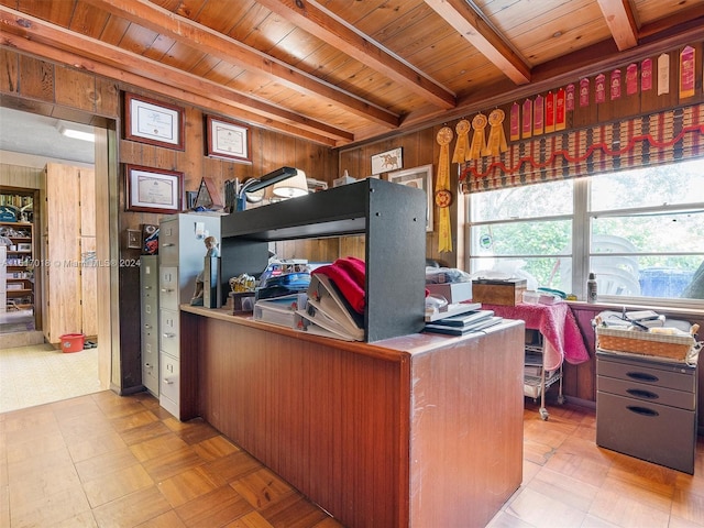 tiled office space with beamed ceiling, wood walls, and wood ceiling