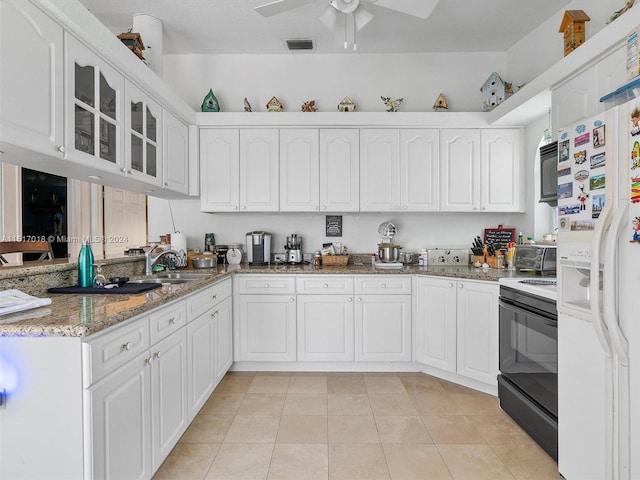 kitchen with white cabinetry, light tile patterned floors, ceiling fan, black appliances, and sink