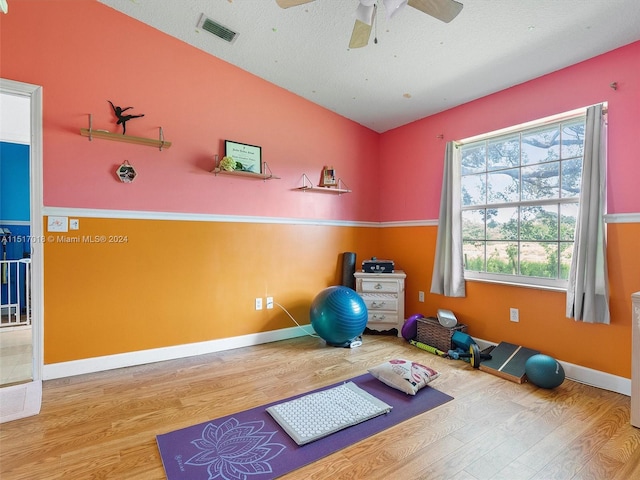 exercise room with wood-type flooring, a textured ceiling, and ceiling fan