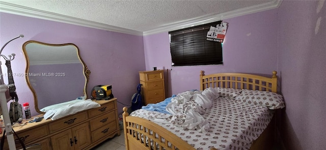 bedroom with ornamental molding, light tile patterned floors, and a textured ceiling