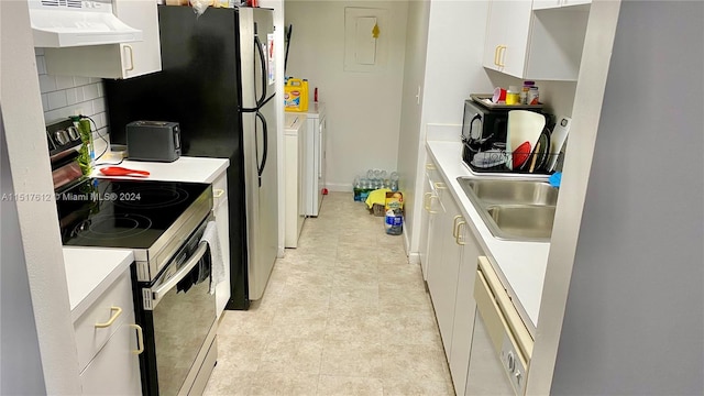 kitchen featuring light tile flooring, range with electric cooktop, white cabinets, custom range hood, and sink