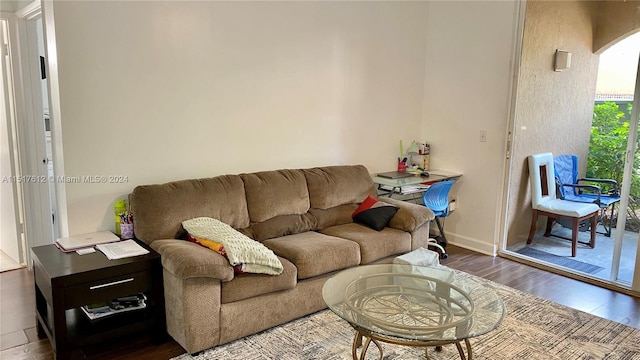 living room with dark hardwood / wood-style flooring