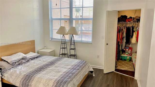 bedroom with a closet and dark hardwood / wood-style flooring