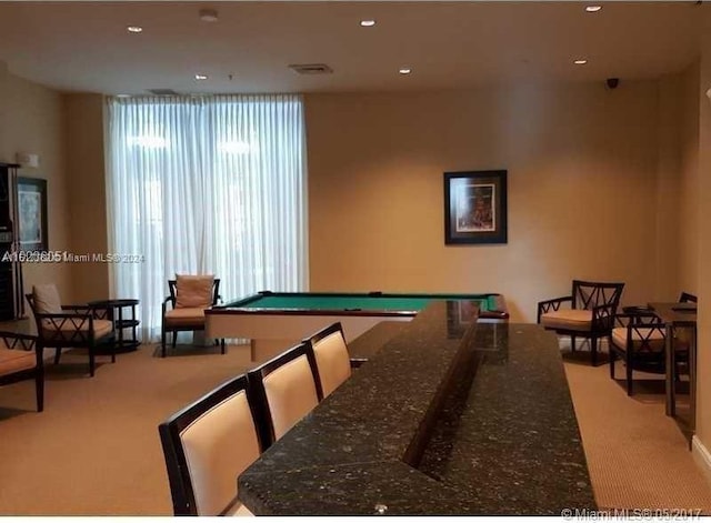 playroom with light colored carpet and pool table