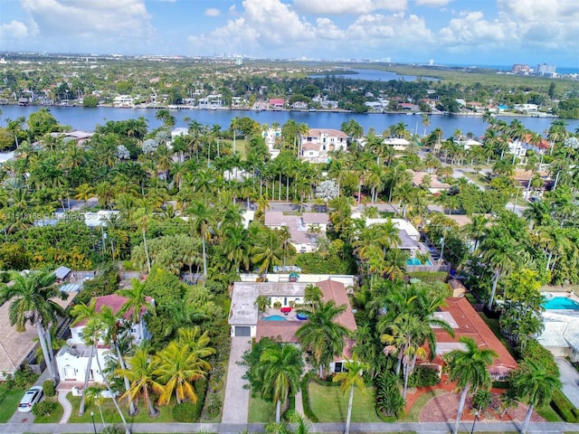 aerial view featuring a water view