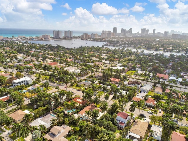 drone / aerial view with a water view